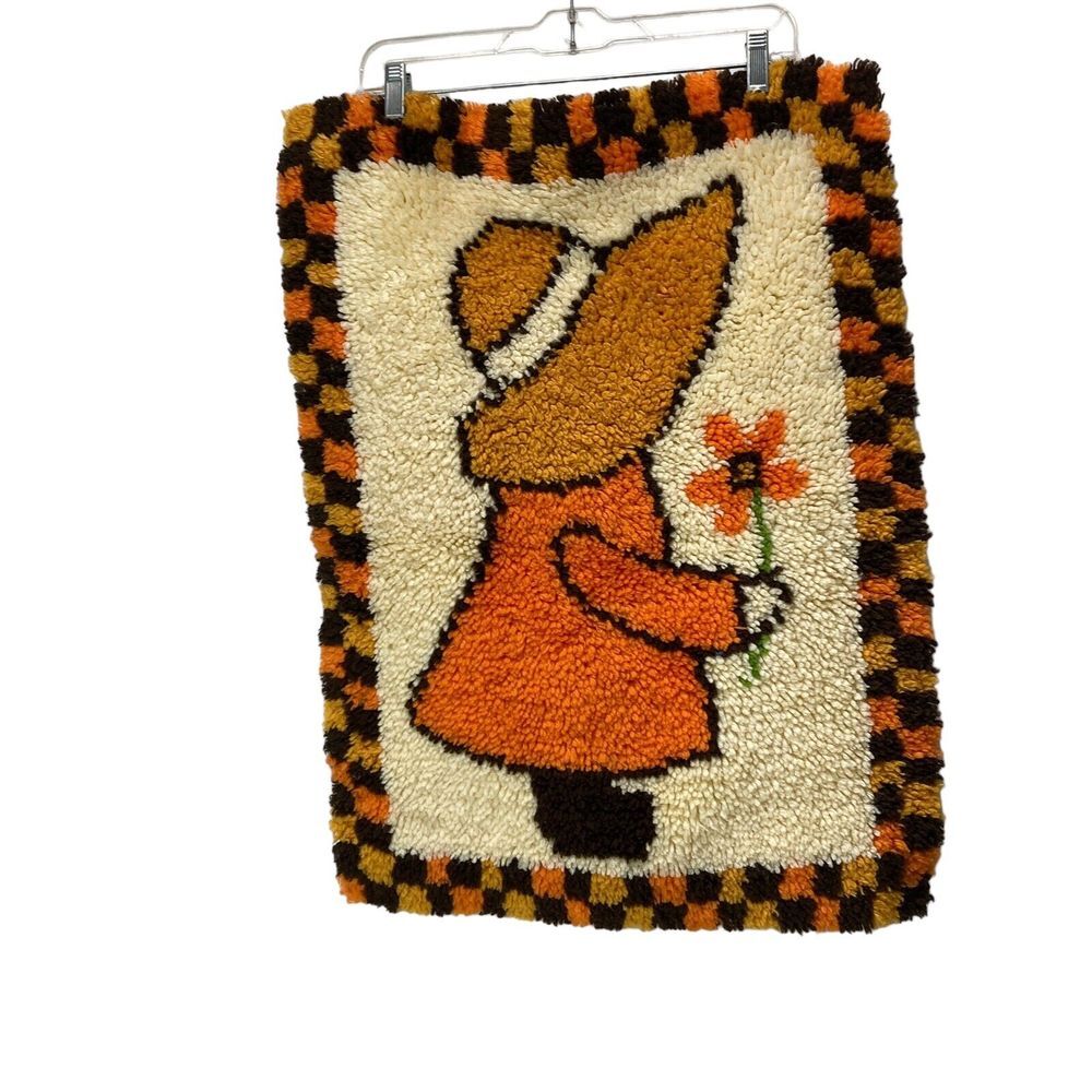 Vtg 1970's Flower Girl Holly Hobbie Rug 19.5 x 26.5 MCM Decor Orange Brown